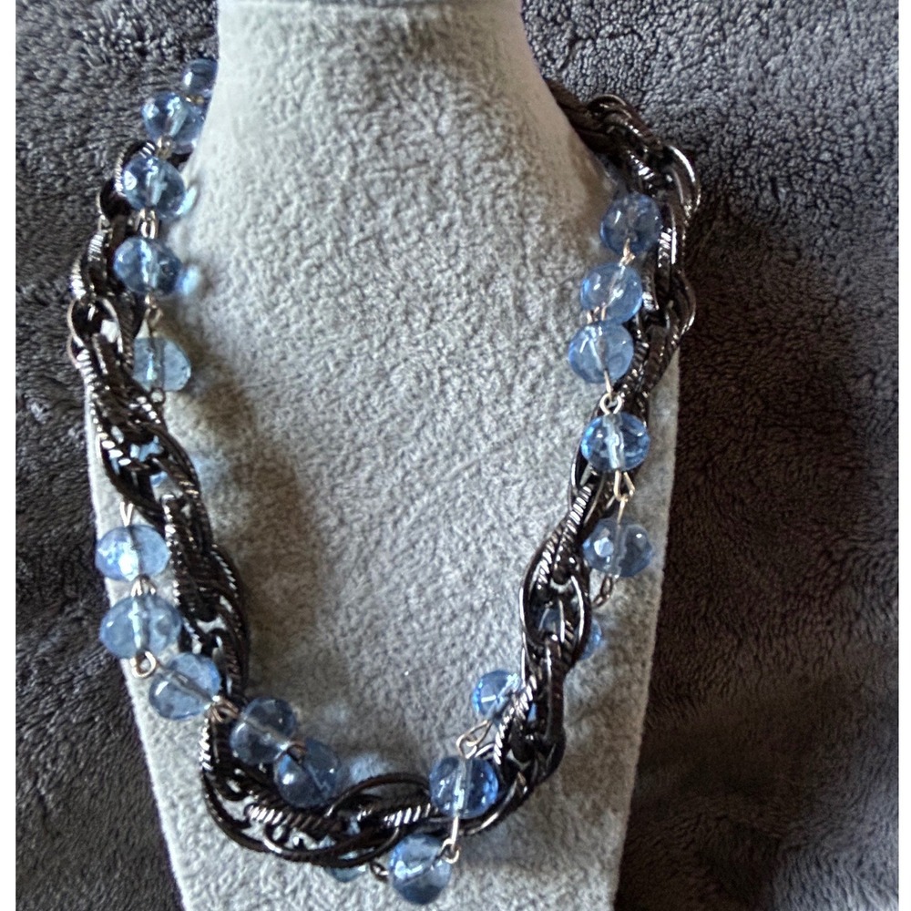 Blue‎ Glass Gunmetal Chunky Statement Necklace Faceted Beads Multi Strand 15"